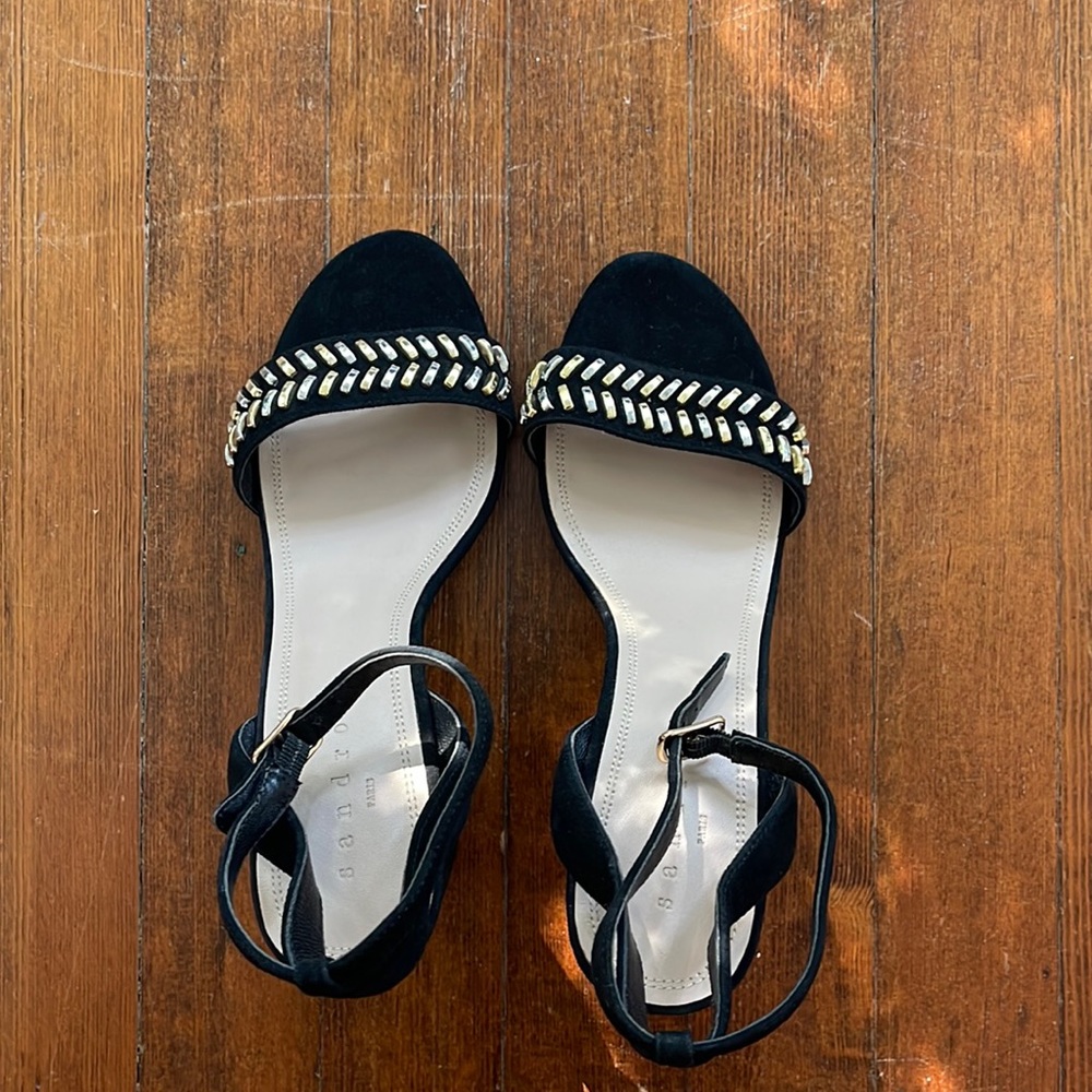 Brand new without tags Sandro black block heels w/silver & gold metallic detail
